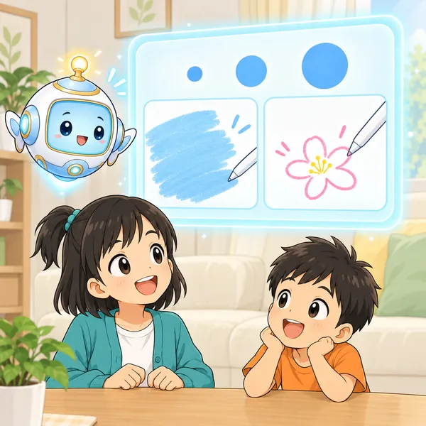 AIロボットが、広い所は太いペン、小さい所は細いペンで描く絵を窓に見せている。