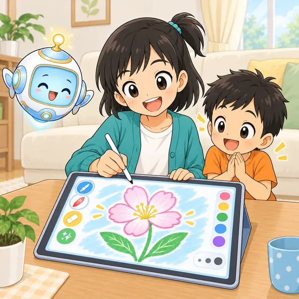 ペンを使い分けて、きれいなお花の絵ができ、ミオの弟が喜んでいる。