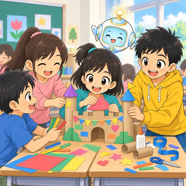 ミオがみんなと一緒に楽しく作品を作っている