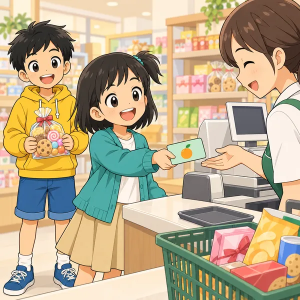お店のレジで、ミオがポイントカードを出してうれしそうにし、ハルが後ろで待っている。