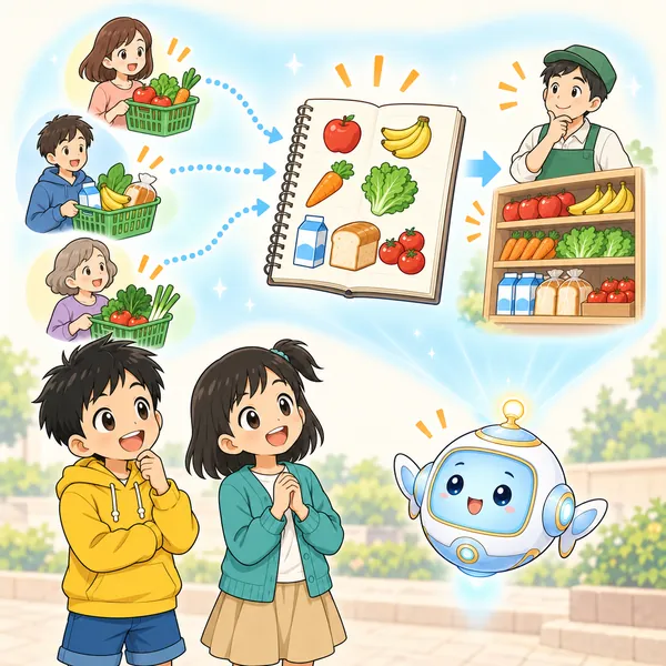 AIロボットが、たくさんの買い物の記録がお店のノートに集まる図をうかべている。