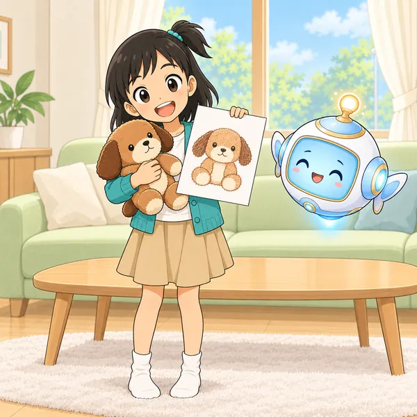 ミオがぬいぐるみをだいて、手紙を見せて笑っている。