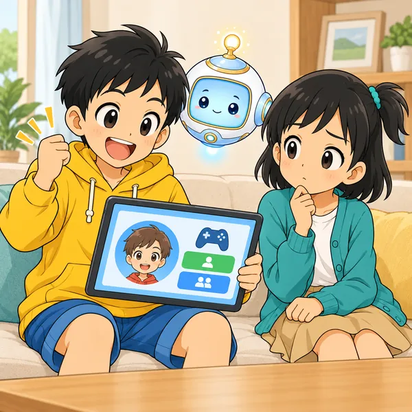 ハルがうれしそうにし、ミオが首をかしげている。