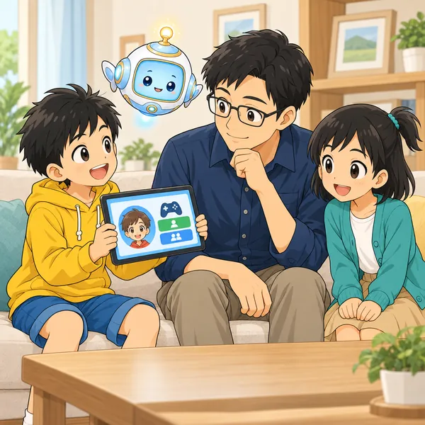 ハルがお父さんにタブレットを見せて相談している。