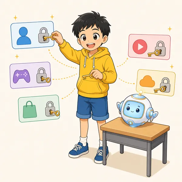 4コマ「パスワードの 使い回しは危ない」の1コマ目