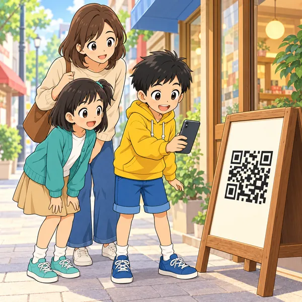 お店の前で、ハルのお母さんとハルとミオが、立て看板のQRコードを見ている。