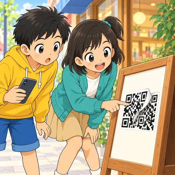 ミオがQRコードのシールのめくれた端を指さし、下に別のQRコードが見えてハルがおどろいている。