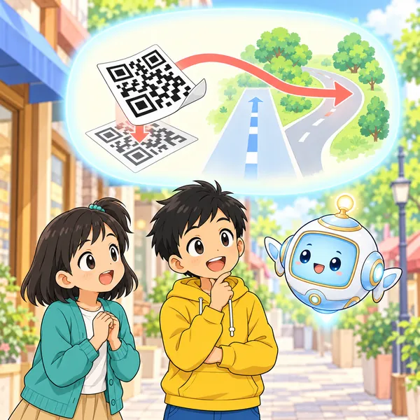 AIロボットが、QRコードの上に別のシールが重ねられ、矢印がちがう道へ曲がる図を見せている。