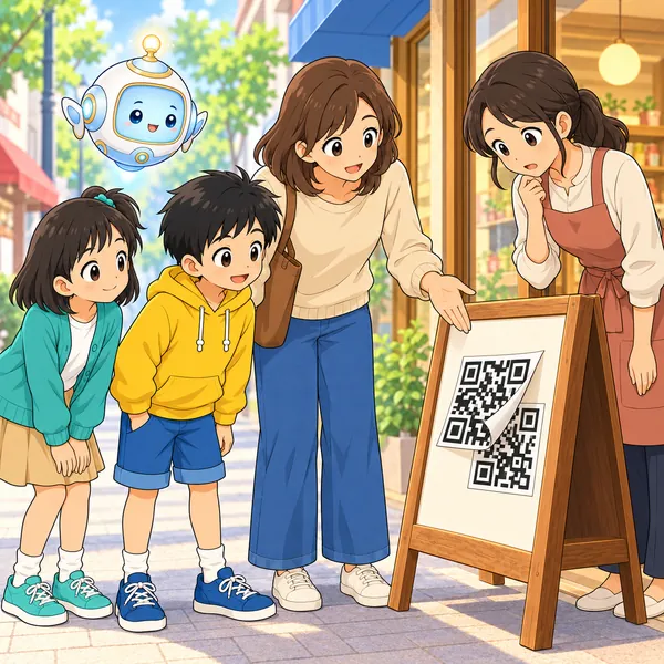 ハルのお母さんがお店の人に知らせ、ハルとミオとAIロボットがうなずいている。
