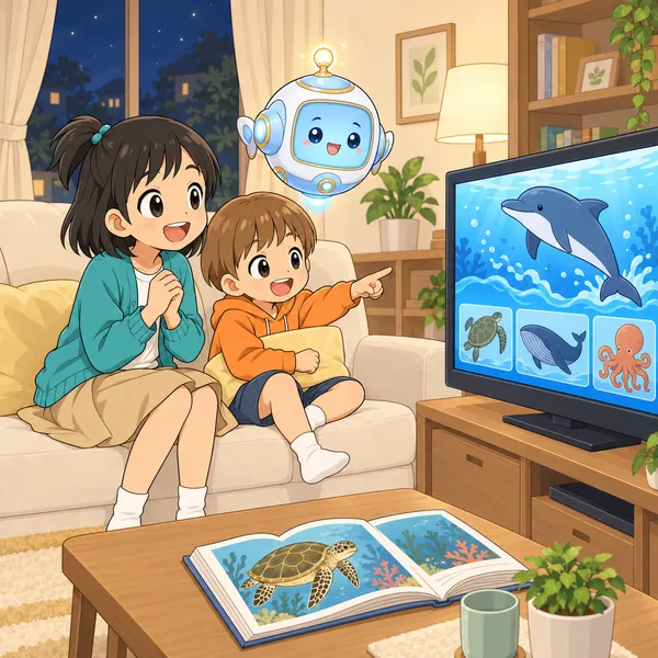 ミオと弟が、夜にテレビのクイズ番組を見ている。