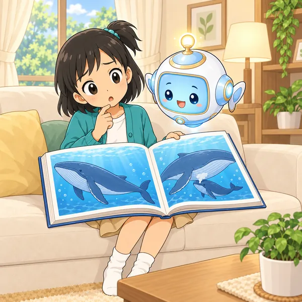 ミオが、図鑑を開いて首をかしげている。