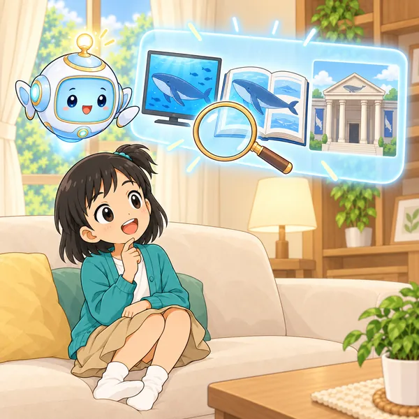 AIロボットが、テレビと図鑑と博物館を見くらべる絵を見せている。