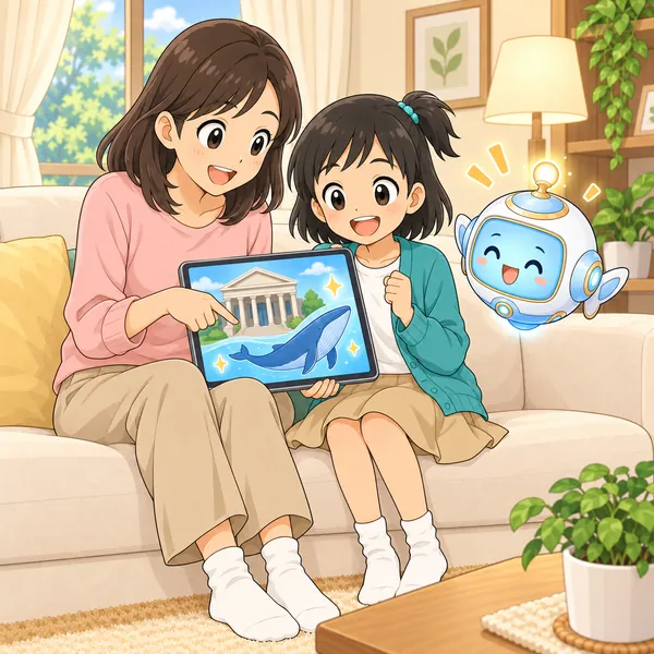 ミオとお母さんが、いっしょにタブレットを見ている。