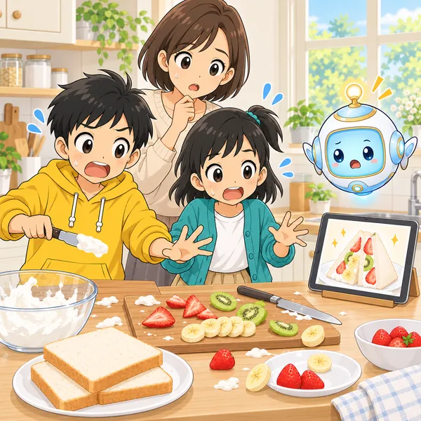 動画だけが先に進み、散らかった台の前でハルとミオがあわてている。