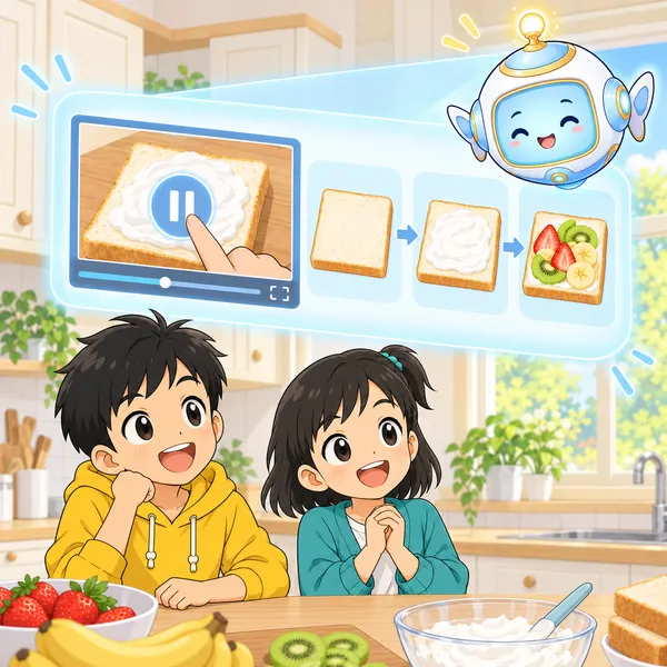 AIロボットが、動画を一時停止して手順を1つずつ進める絵を窓に見せている。