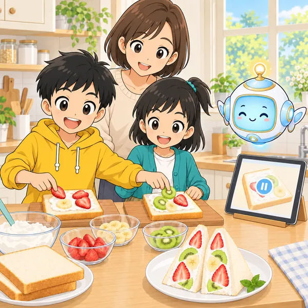 動画を止めながら作ったフルーツサンドができ、ハルとミオ、AIロボット、お母さんが笑顔になっている。