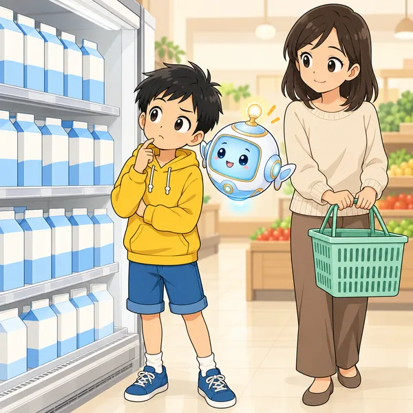 お店の牛乳の棚の前で、ハルが首をかしげ、お母さんが買い物かごを持っている。