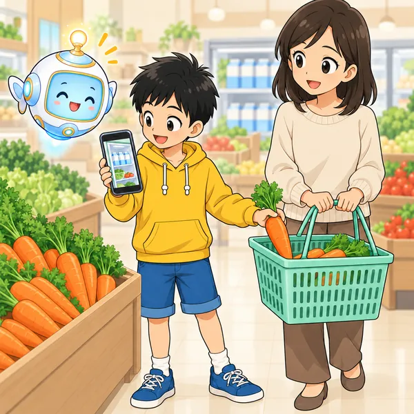お店で冷蔵庫の写真を見ながら、ハルがにんじんだけをかごに入れている。