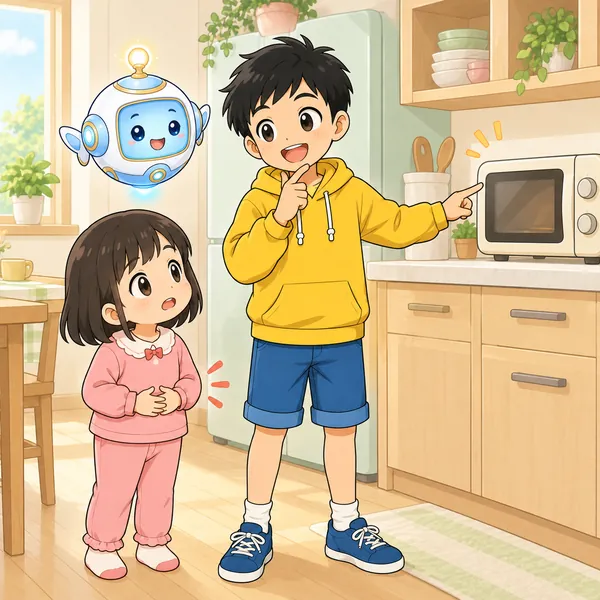 留守番中の台所で、妹がおなかをすかせ、ハルが戸だなを見ている。