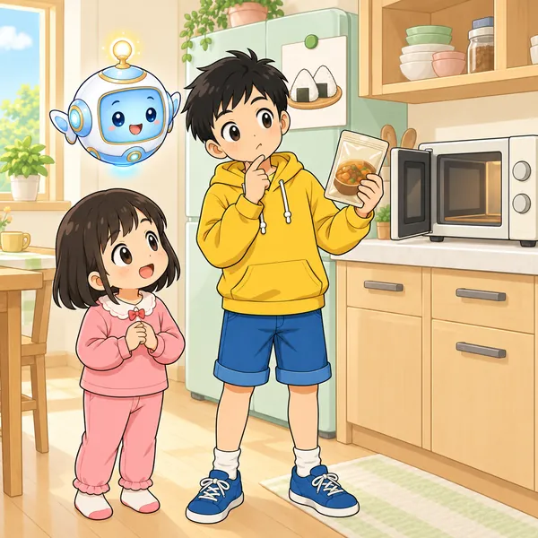 ハルがふくろ入りの食べ物を持って、電子レンジの前で首をかしげている。