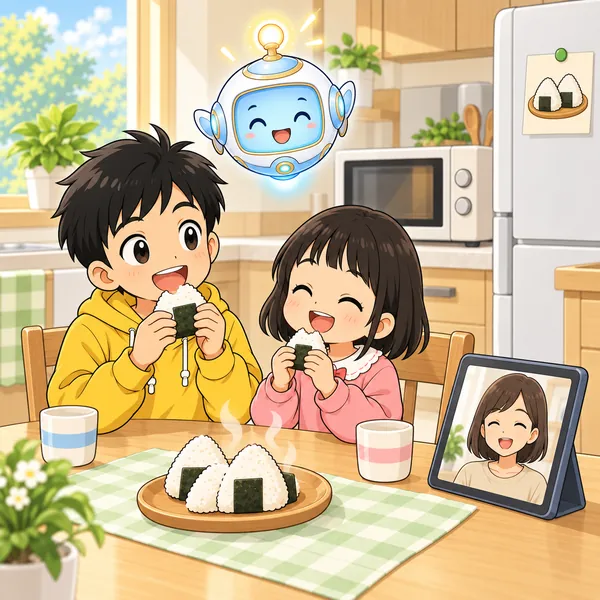 ハルがお母さんの用意したおにぎりをあたため、妹と食べている。