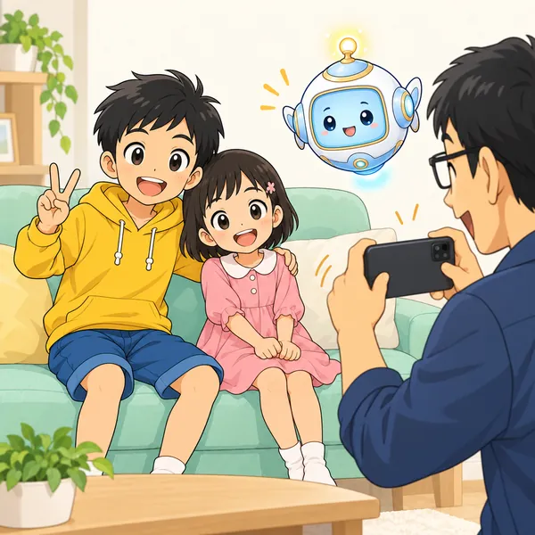 ハルの家のリビングで、ハルのお父さんがスマートフォンで、ソファに並んだハルと妹を続けて撮っている。