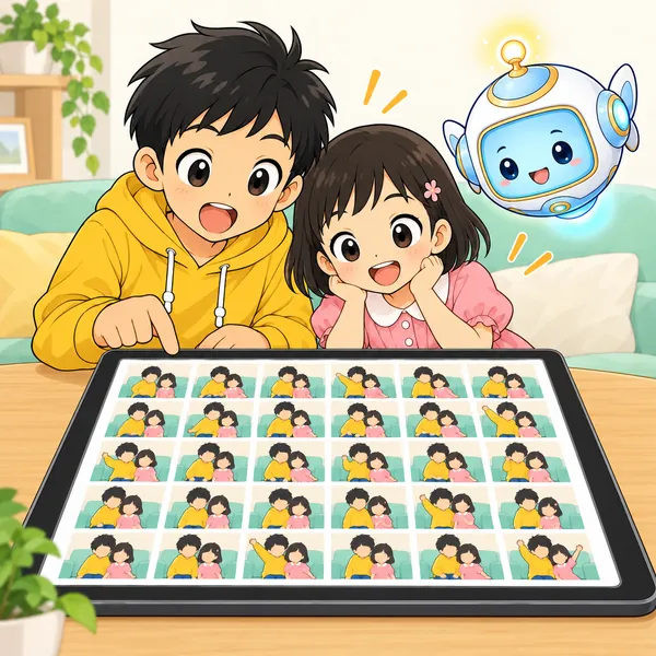 タブレットにほとんど同じ写真がたくさん並び、ハルがおどろいている。