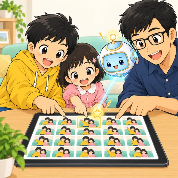 ハルと妹とお父さんが写真を選び、AIロボットが1枚に星マークをつけている。