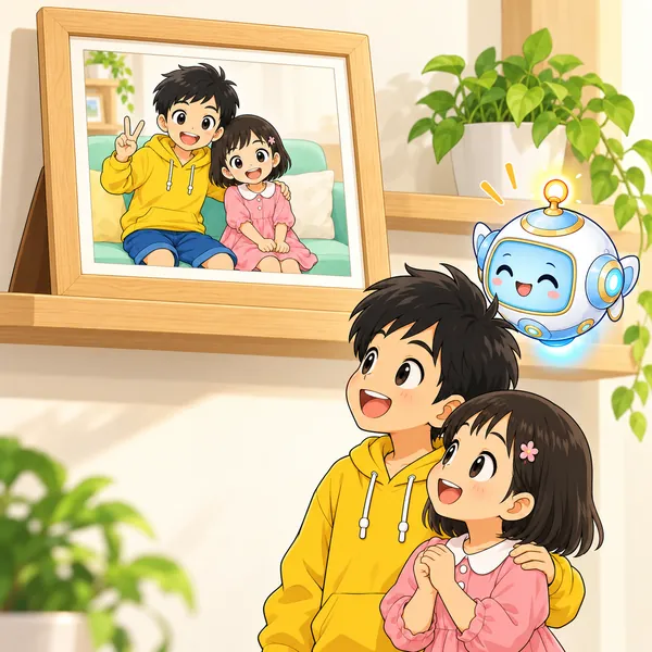選んだ1枚が写真立てに入って棚にかざられ、ハルと妹が笑顔で見上げている。