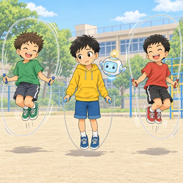 友だちが二重とびをする横で、ハルがふつうのとびだけしている。