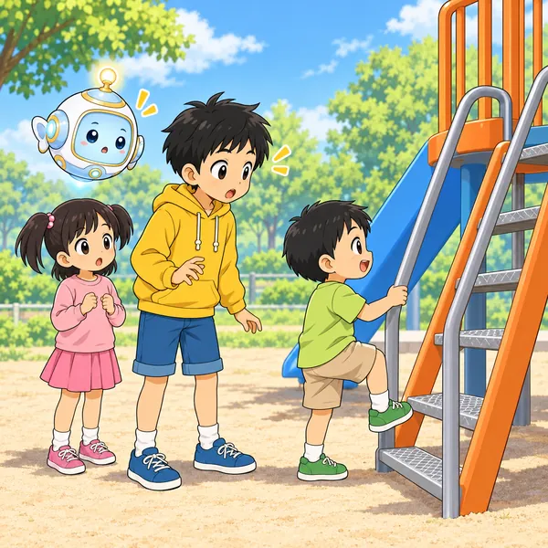 すべり台の列に、小さい男の子が入りこんでいる。