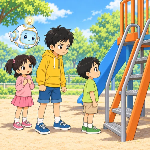 ハルがむっとしてこぶしをにぎり、妹が不安そうに見ている。