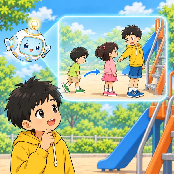 AIロボットが、大きい子が列のうしろを指さして教える絵を見せている。