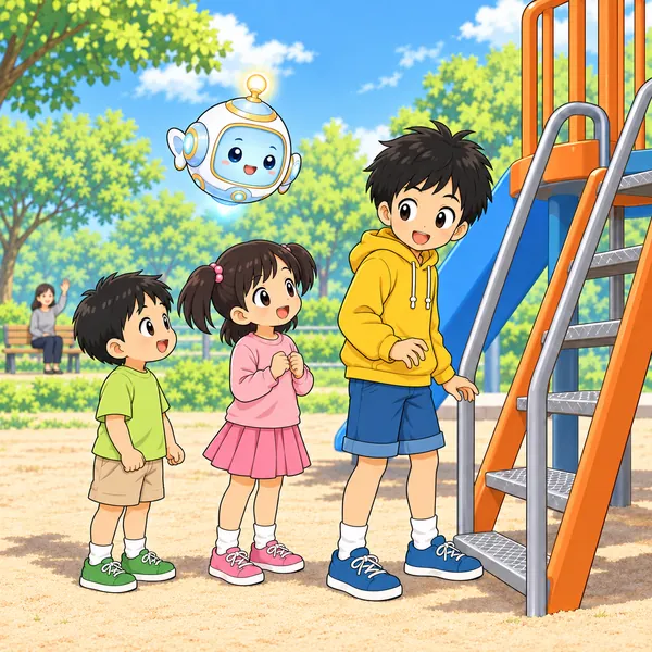 小さい子が列の最後に並び、ハルと妹が笑っている。