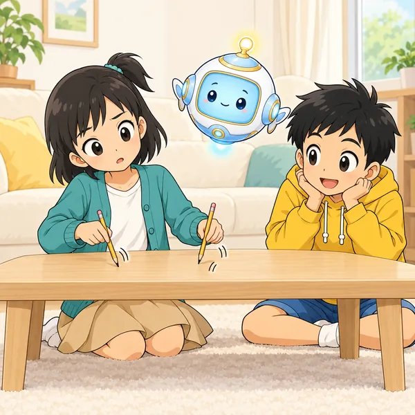 ミオがテーブルをえんぴつでばらばらにたたき、首をかしげている。