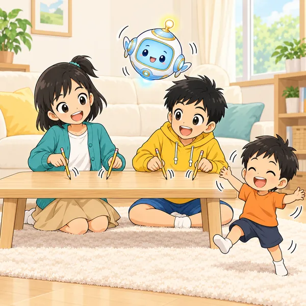 ハルとミオが同じリズムでテーブルをたたき、ミオの弟がおどっている。
