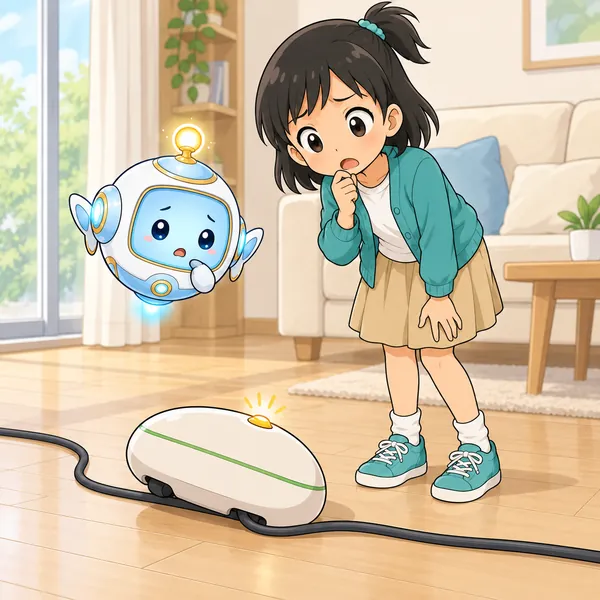 コードに乗り上げて止まったロボット掃除機を、ミオがこまった顔で見ている。