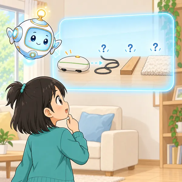 AIロボットが、コード・段差・しきものとはてなマークの絵を窓に見せている。