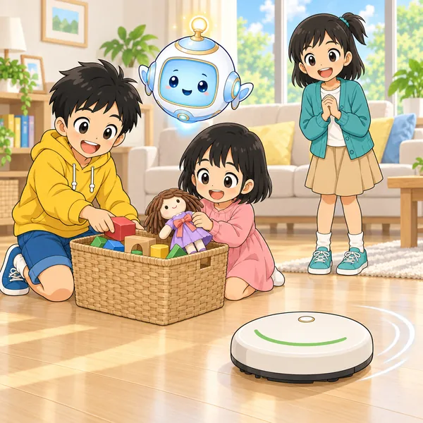 ハルと妹がおもちゃを片づけ、ロボット掃除機がすいすい進んでいる。