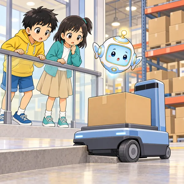 見学コーナーで、箱を運ぶロボットが段差の前で止まり、ハルとミオが見ている。