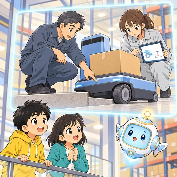 作業服の男性とタブレットの女性が、ロボットの横で段差と車輪を見くらべている。