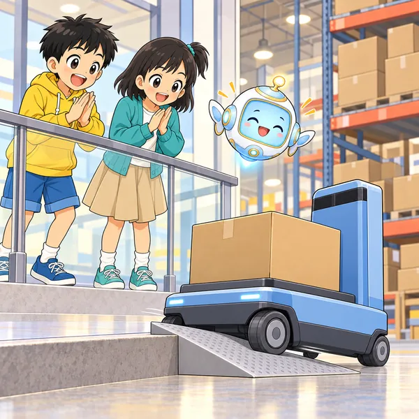 ロボットが段差をこえて箱を運び、ハルとミオが拍手している。