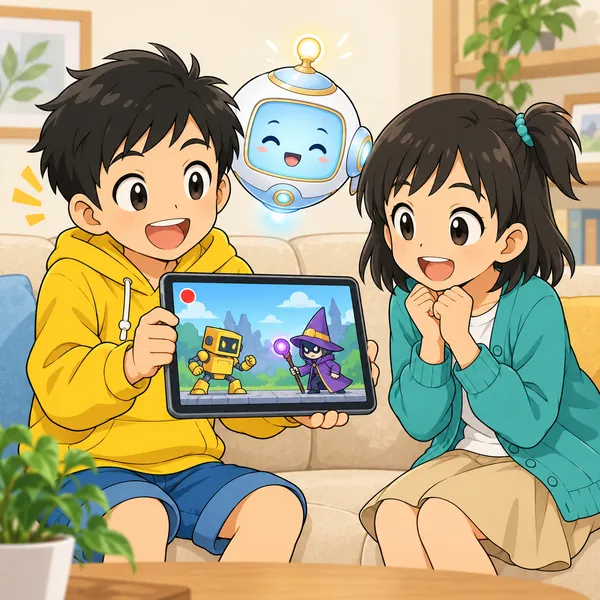 ハルが、黄色いロボットと紫の魔法使いが戦うゲーム画面を録画して、うれしそうに見せようとしている。