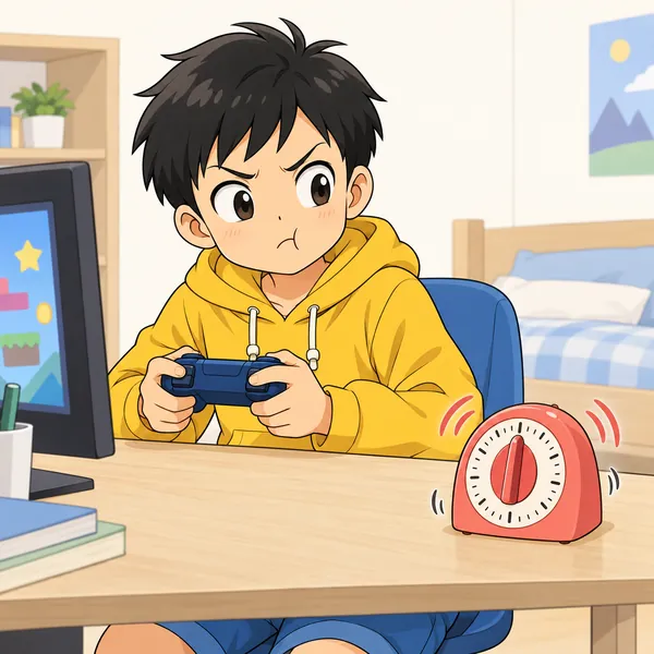 ハルの部屋。ハルがゲームをしていて、机の上のキッチンタイマーが鳴っている