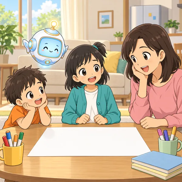 休日、ミオとお母さんと弟が、テーブルに大きな紙を広げて座っている。