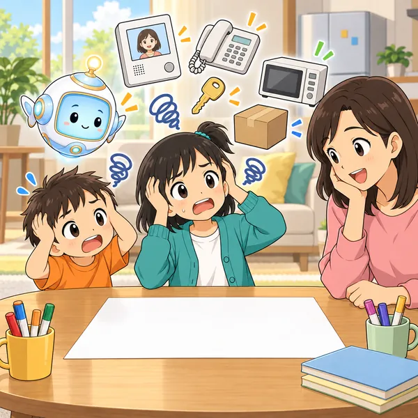 ミオがたくさんの約束を思いうかべて頭をかかえ、弟もまねしている。