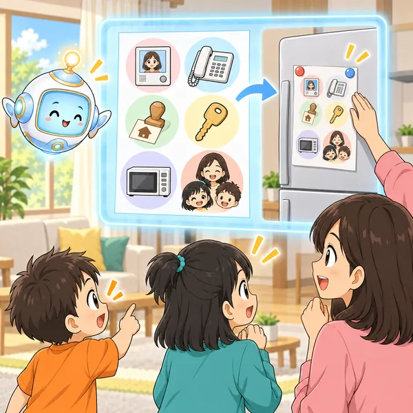 AIロボットが、留守番の約束を絵で1まいの紙に整理して冷蔵庫にはる絵を窓に見せている。