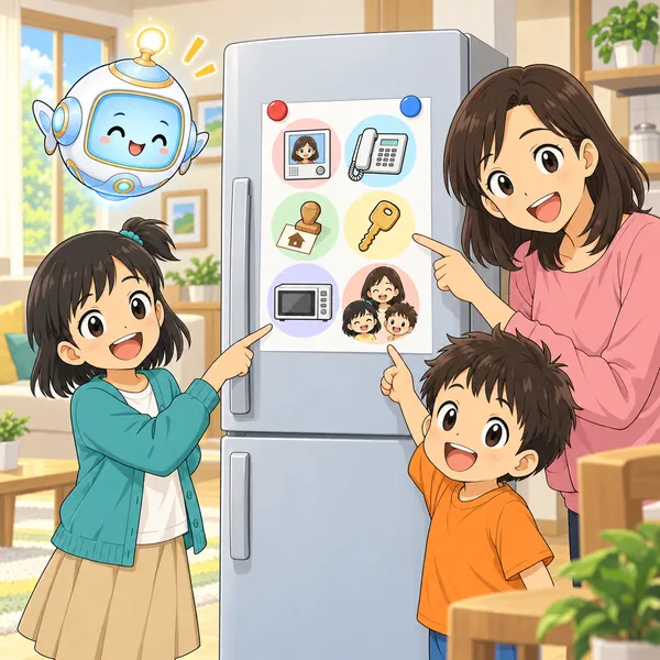 冷蔵庫にはった絵の約束の紙の前で、ミオと弟とお母さんが笑っている。