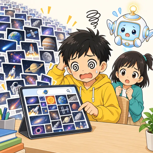 ハルがタブレットの検索欄に「宇宙」とだけ打ちこみ、ものすごい数の結果が並んで目を回している