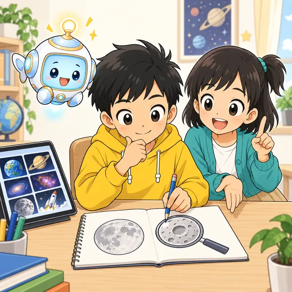ミオとアイが、ノートに「知りたいこと」を1行で書くようすすめている